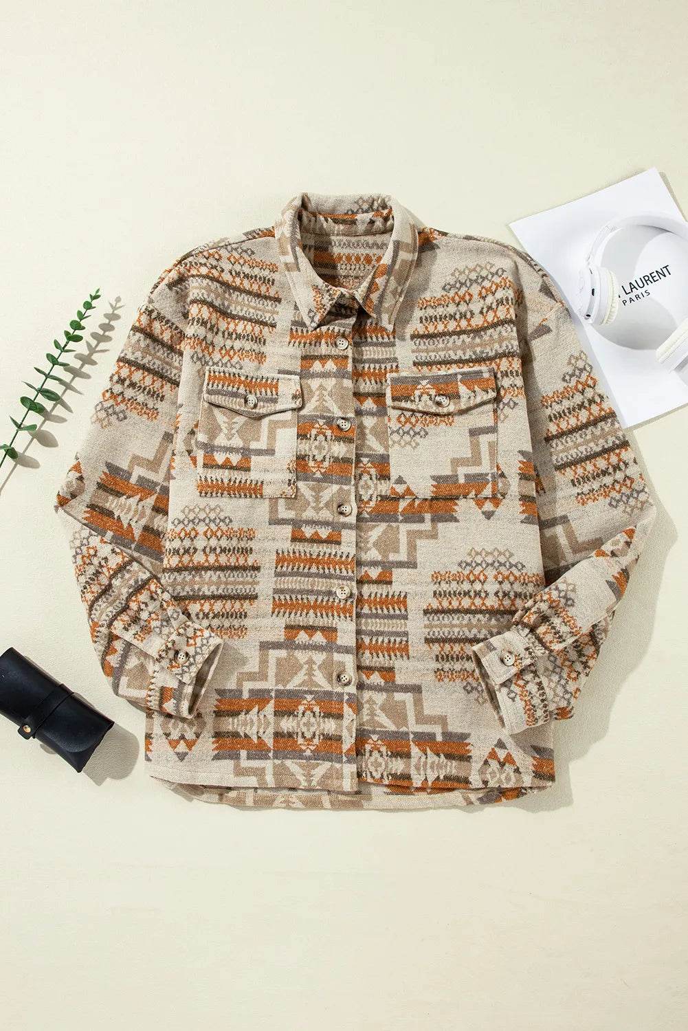 Plus Size Geometric Collared Neck Long Sleeve Jacket - Hovatok