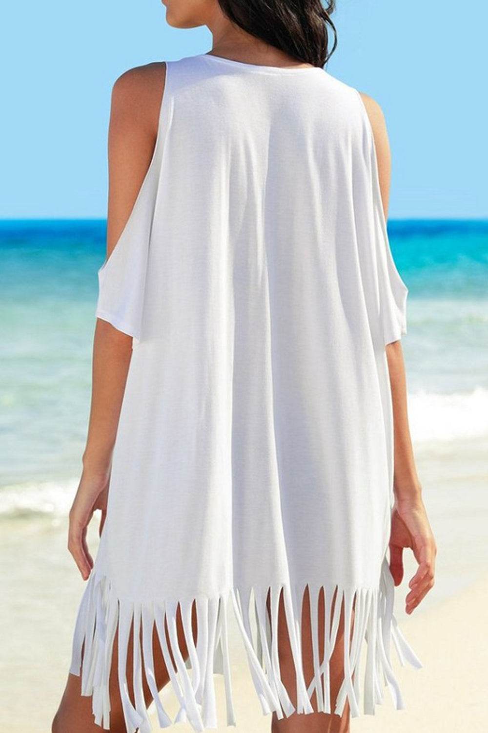 Fringe V-Neck Cold Shoulder Cover Up - Hovatok