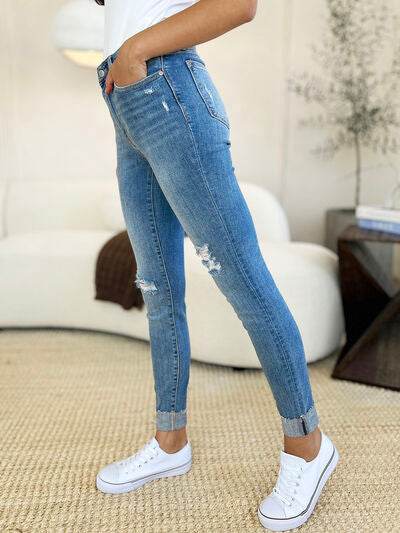 Judy Blue Full Size Mid Rise Destroy & Cuff Skinny Jeans - Hovatok