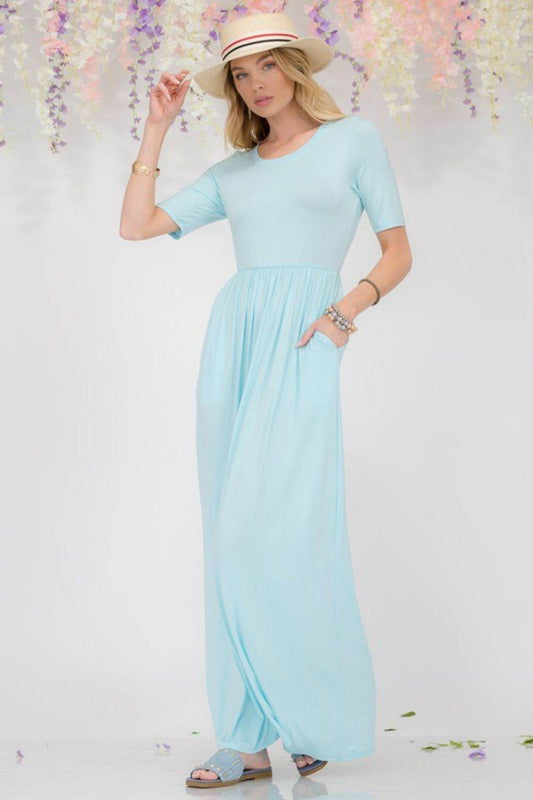 Celeste Full Size Round Neck Short Sleeve Maxi Dress with Pockets Plus Size - Hovatok