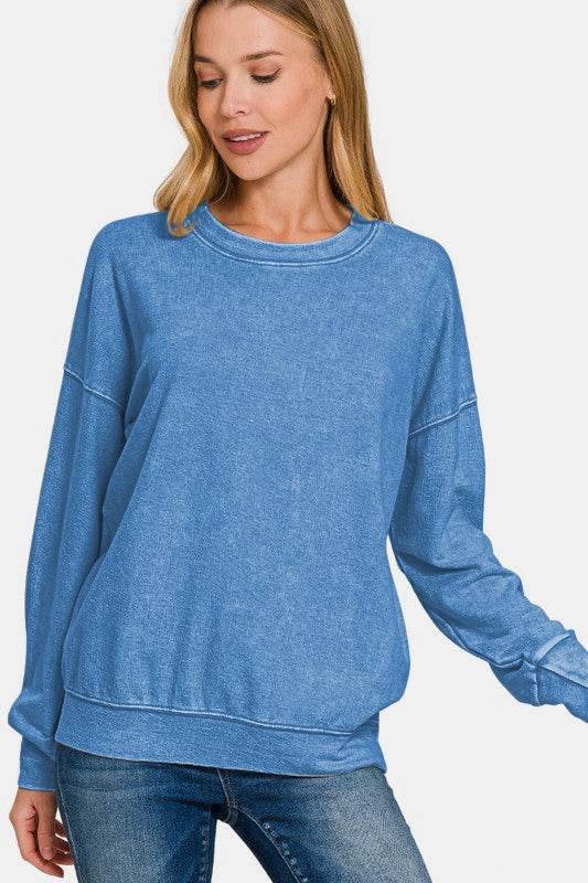 Zenana Washed Round Neck Dropped Shoulder Sweatshirt - Hovatok