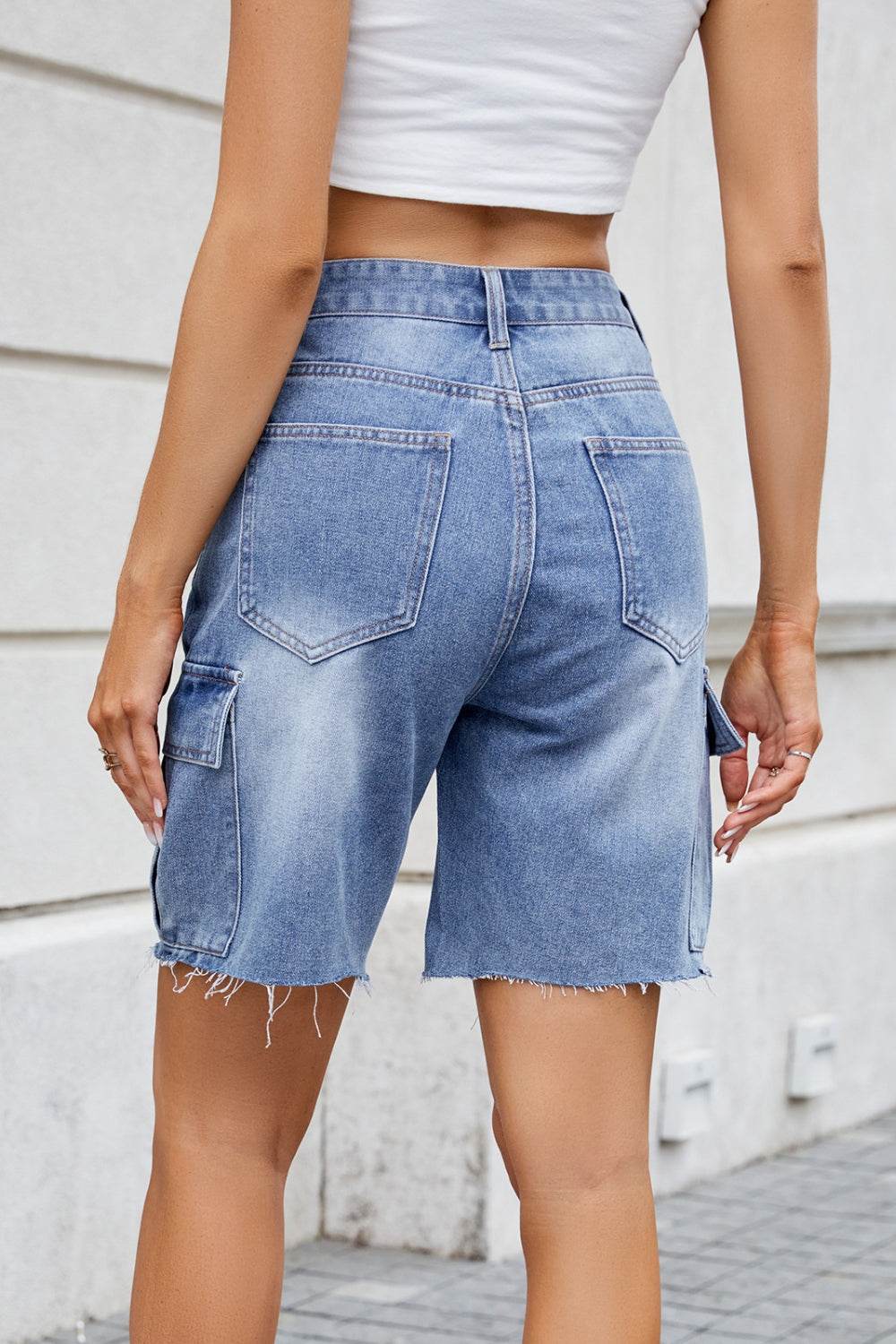 Raw Hem Washed Denim Shorts with Cargo Pockets - Hovatok