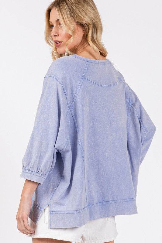 SAGE + FIG Mineral Washed Side Slit Round Neck Sweatshirt - Hovatok