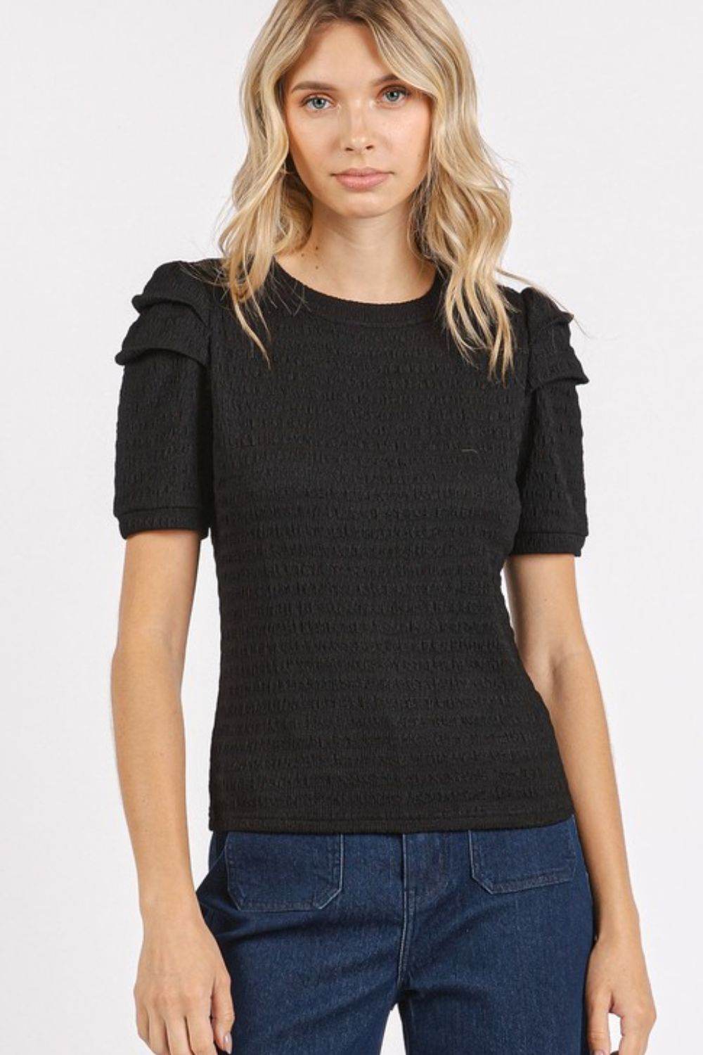 Mittoshop Textured Round Neck Short Sleeve Blouse - Hovatok