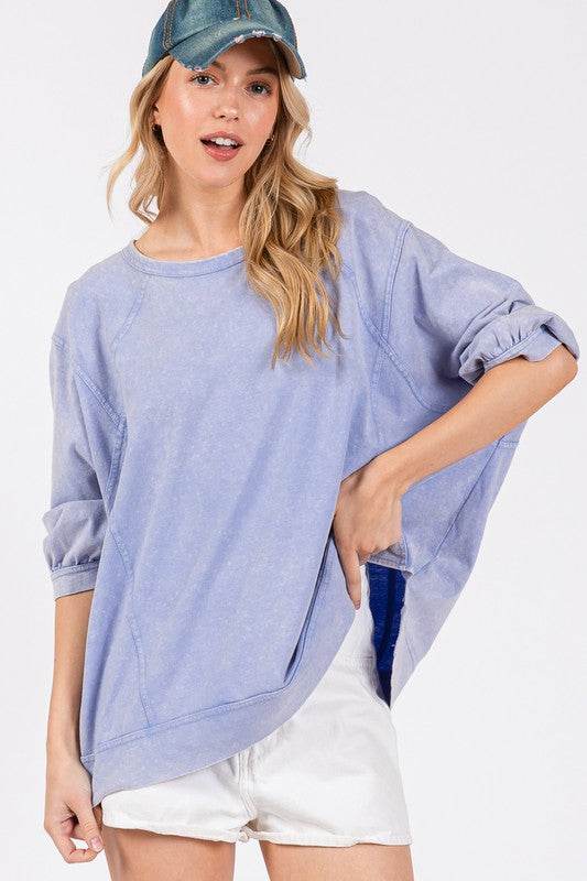 SAGE + FIG Mineral Washed Side Slit Round Neck Sweatshirt - Hovatok