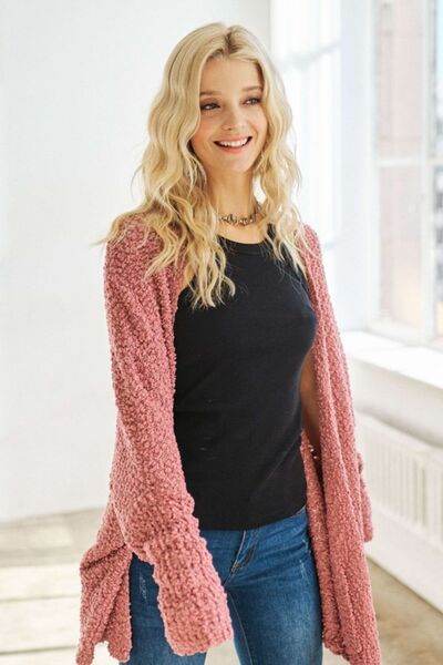 ADORA Popcorn Knit Open Front Long Sleeve Cardigan - Hovatok
