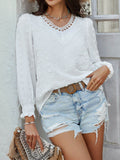 Devine Swiss Dot Lace Detail V-Neck Long Sleeve Blouse - Hovatok