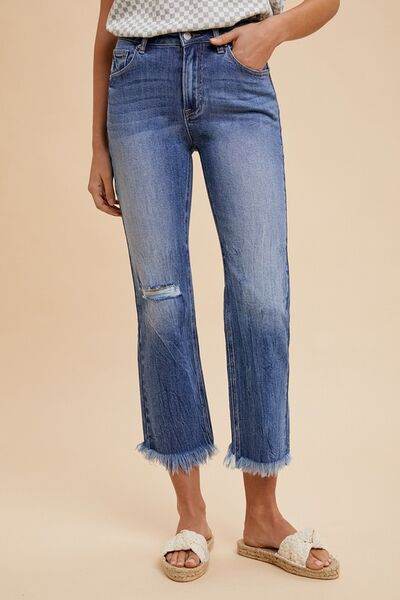 Annie Wear Distressed Raw Hem Straight Leg Cropped Jeans - Hovatok