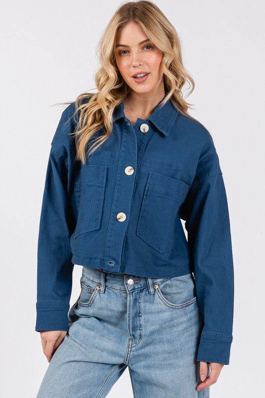 bytos Button Down Cropped Denim Jacket with Patch Pockets - Hovatok