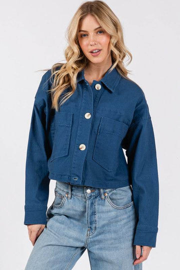 bytos Button Down Cropped Denim Jacket with Patch Pockets - Hovatok