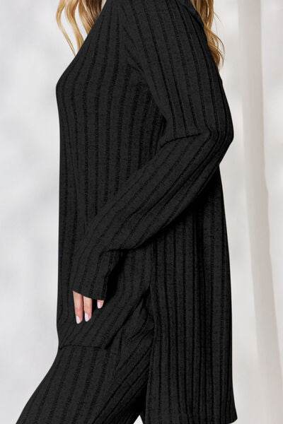 Basic Bae Full Size Ribbed High-Low Top and Wide Leg Pants Set - Hovatok