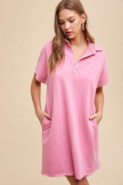 Annie Wear Mineral Washed Johnny Collar Short Sleeve Dress - Hovatok