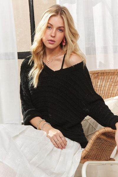 ADORA V-Neck Drop Shoulder Long Sleeve Sweater - Hovatok