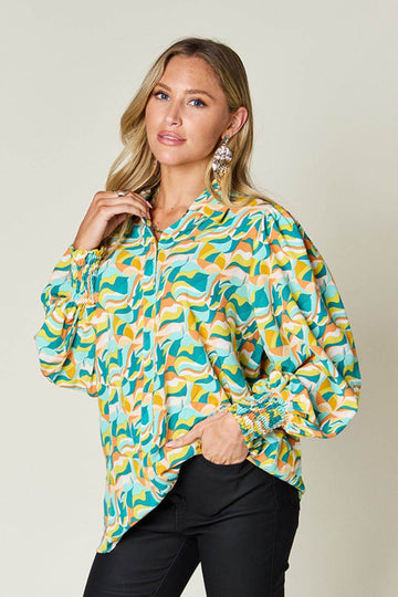 Double Take Full Size Printed Smocked Long Sleeve Blouse - Hovatok