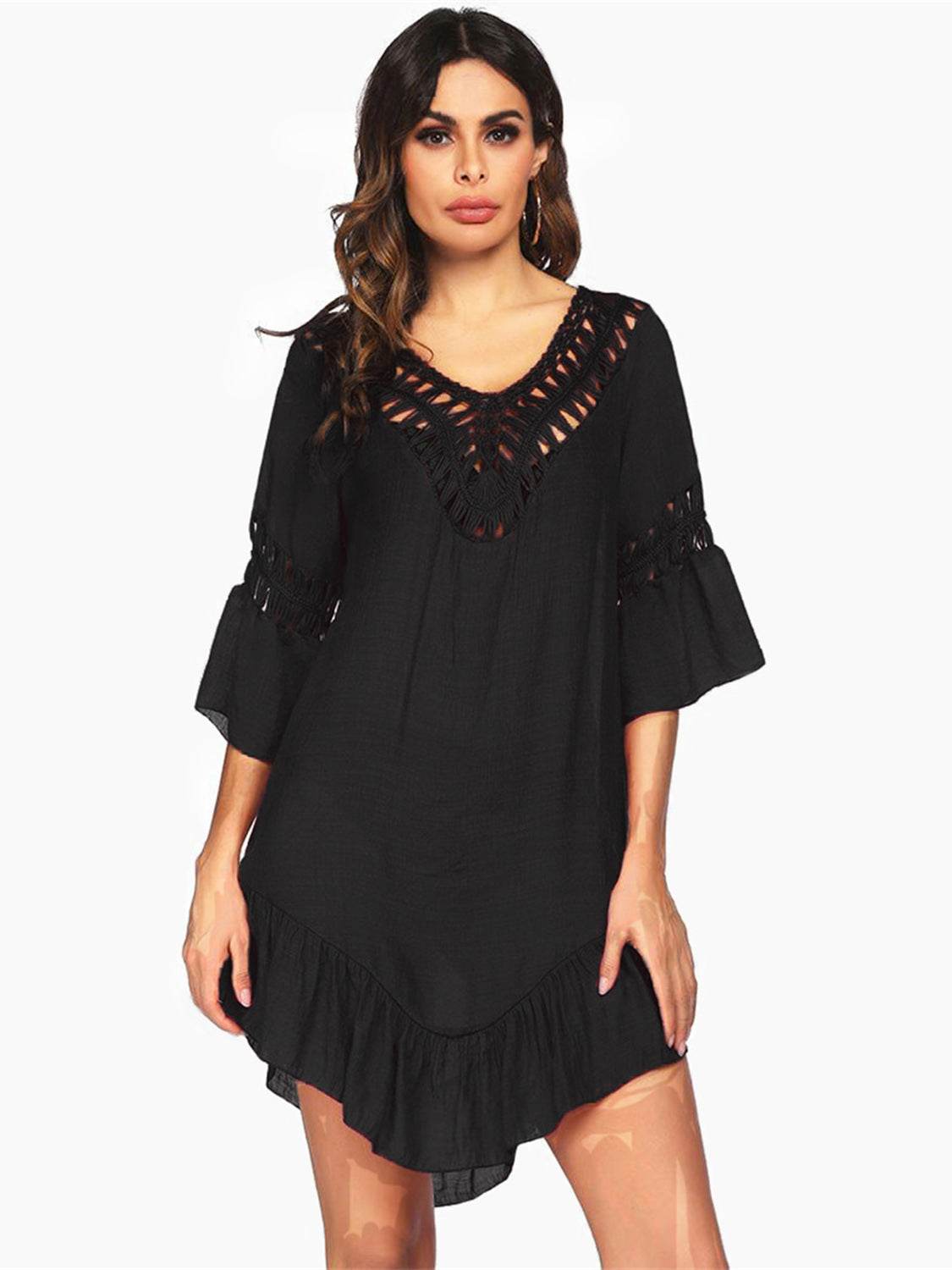 Backless Cutout Three-Quarter Sleeve Cover Up - Hovatok