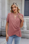 Solid Color Surplice Short Sleeve Blouse - Hovatok