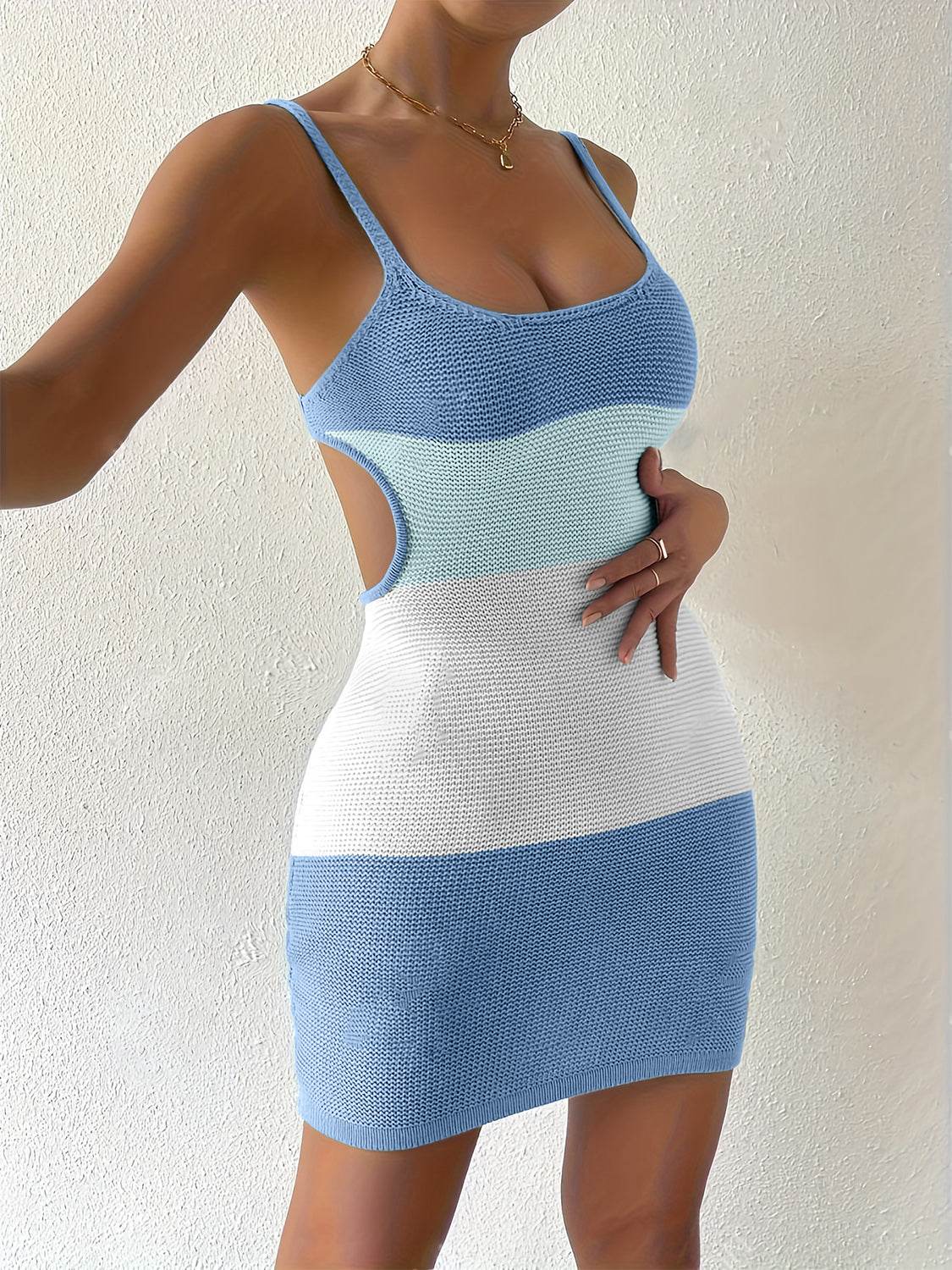 Color Block Scoop Neck Cover Up Dress - Hovatok