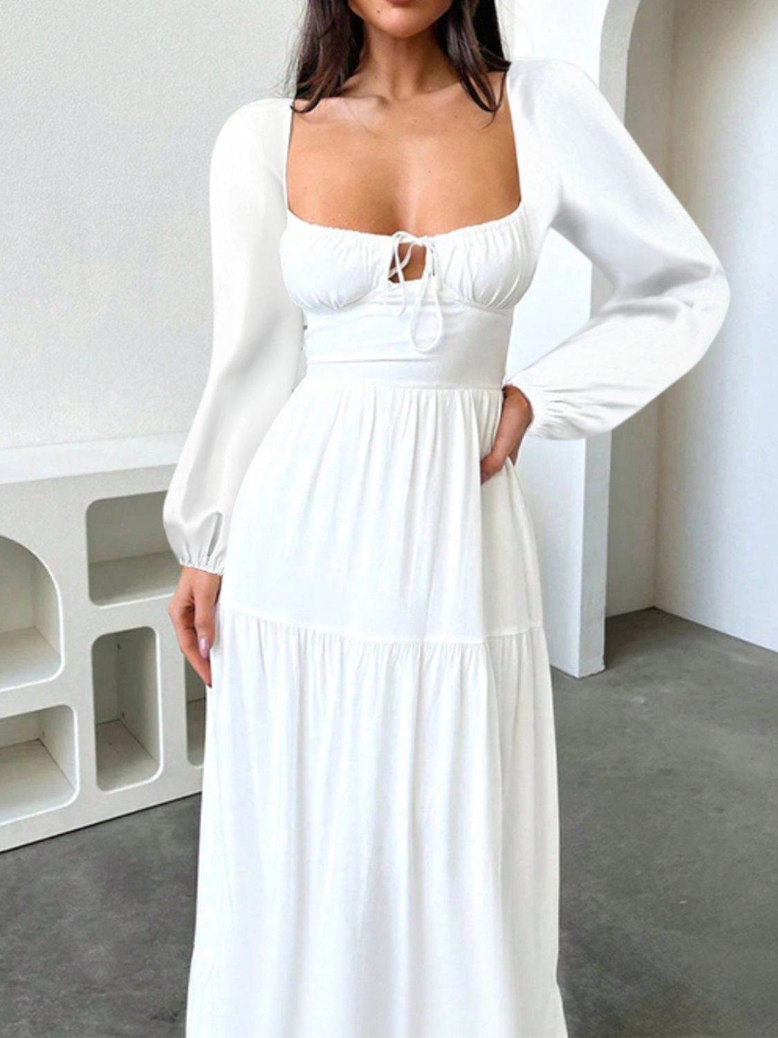 Devine Tie Front Long Sleeve Maxi Dress - Hovatok