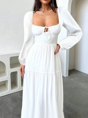 Devine Tie Front Long Sleeve Maxi Dress - Hovatok