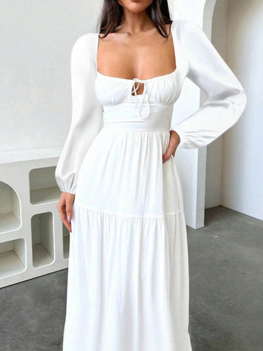 Devine Tie Front Long Sleeve Maxi Dress - Hovatok