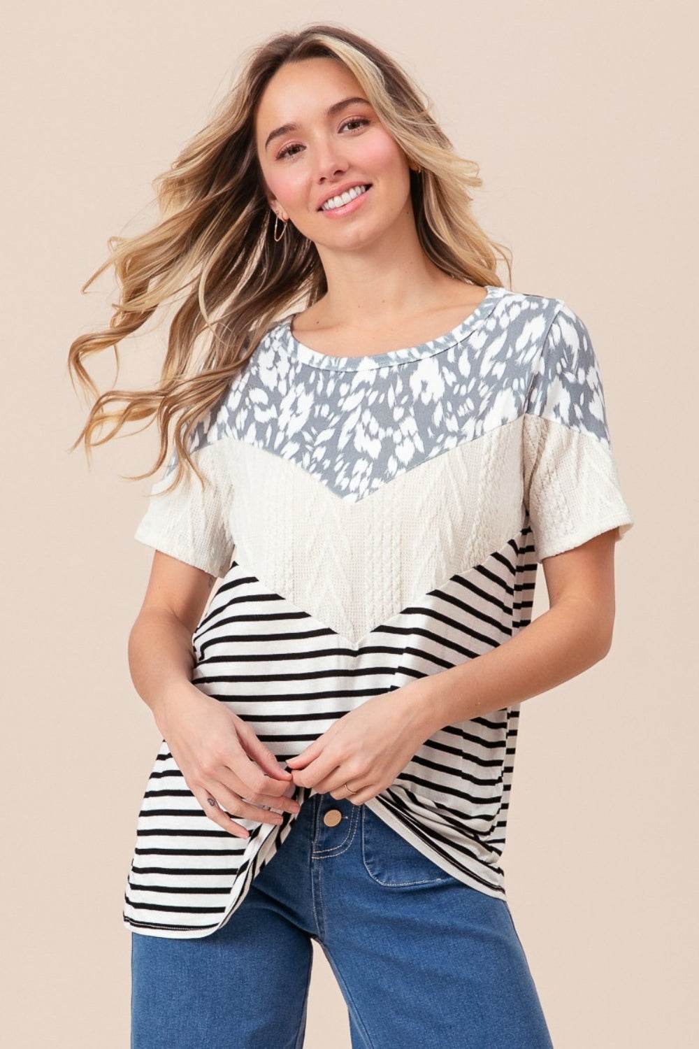 BiBi Printed Color Block Short Sleeve T-Shirt - Hovatok