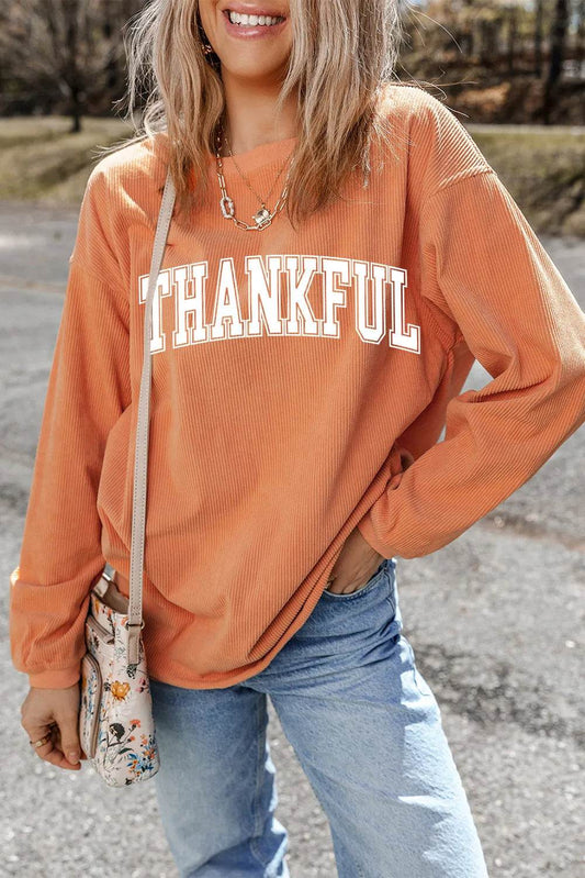 THANKFUL Round Neck Long Sleeve Sweatshirt - Hovatok