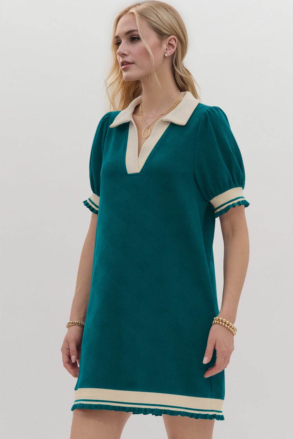 Oh Frill Contrast Trim Johnny Collar Short Sleeve Mini Dress - Hovatok