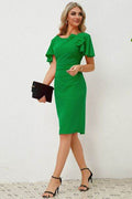 Slit Round Neck Flutter Sleeve Dress - Hovatok