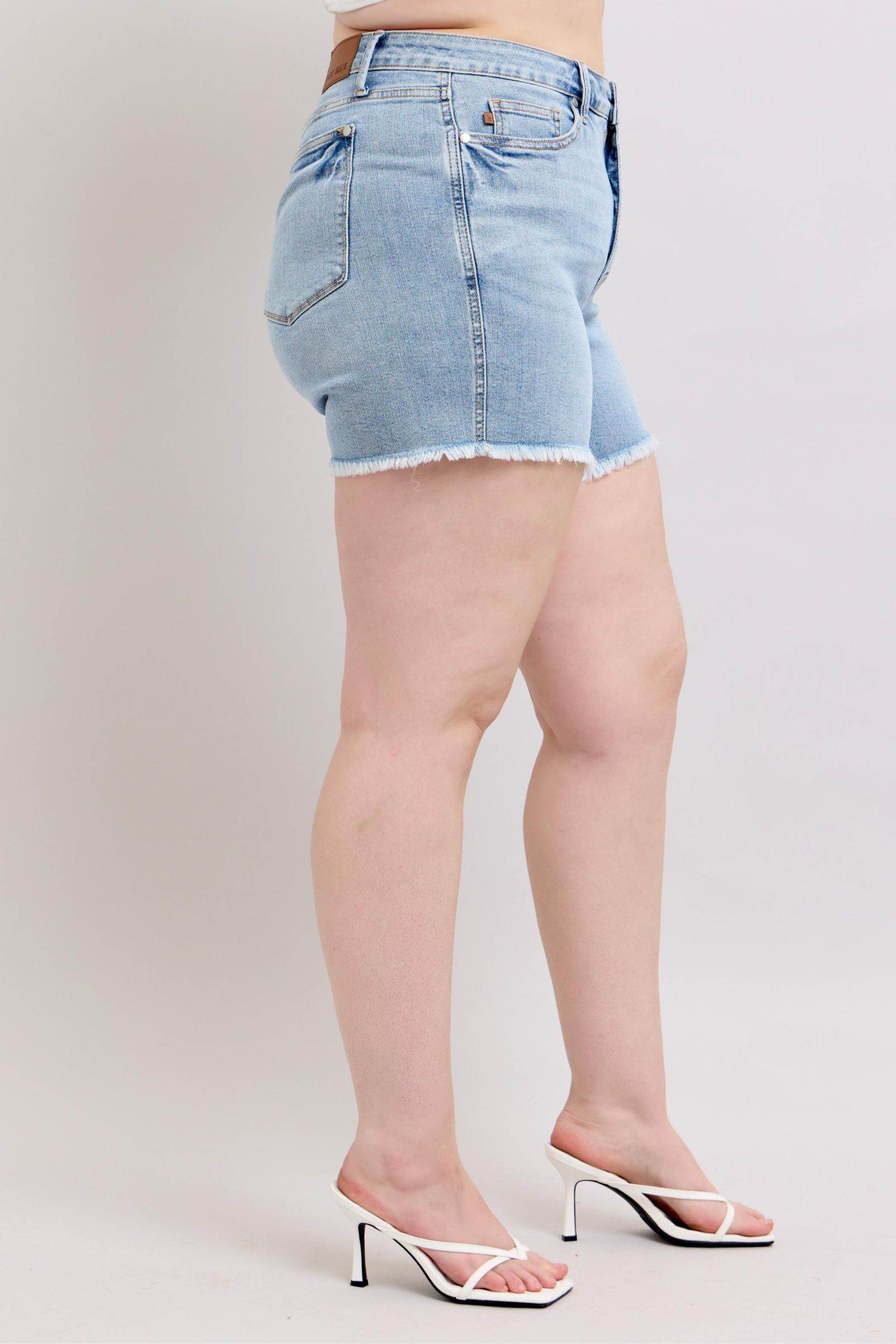 Judy Blue Full Size Tummy Control Raw Hem Denim Shorts Plus Size - Hovatok