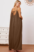 Double Take Full Size Ruffle Trim Tie Back Cami Jumpsuit with Pockets - Hovatok