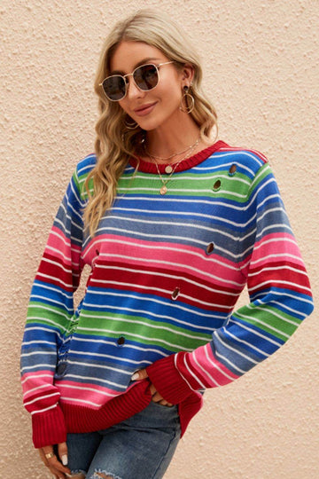 Striped Distressed Cutout Round Neck Sweater - Hovatok