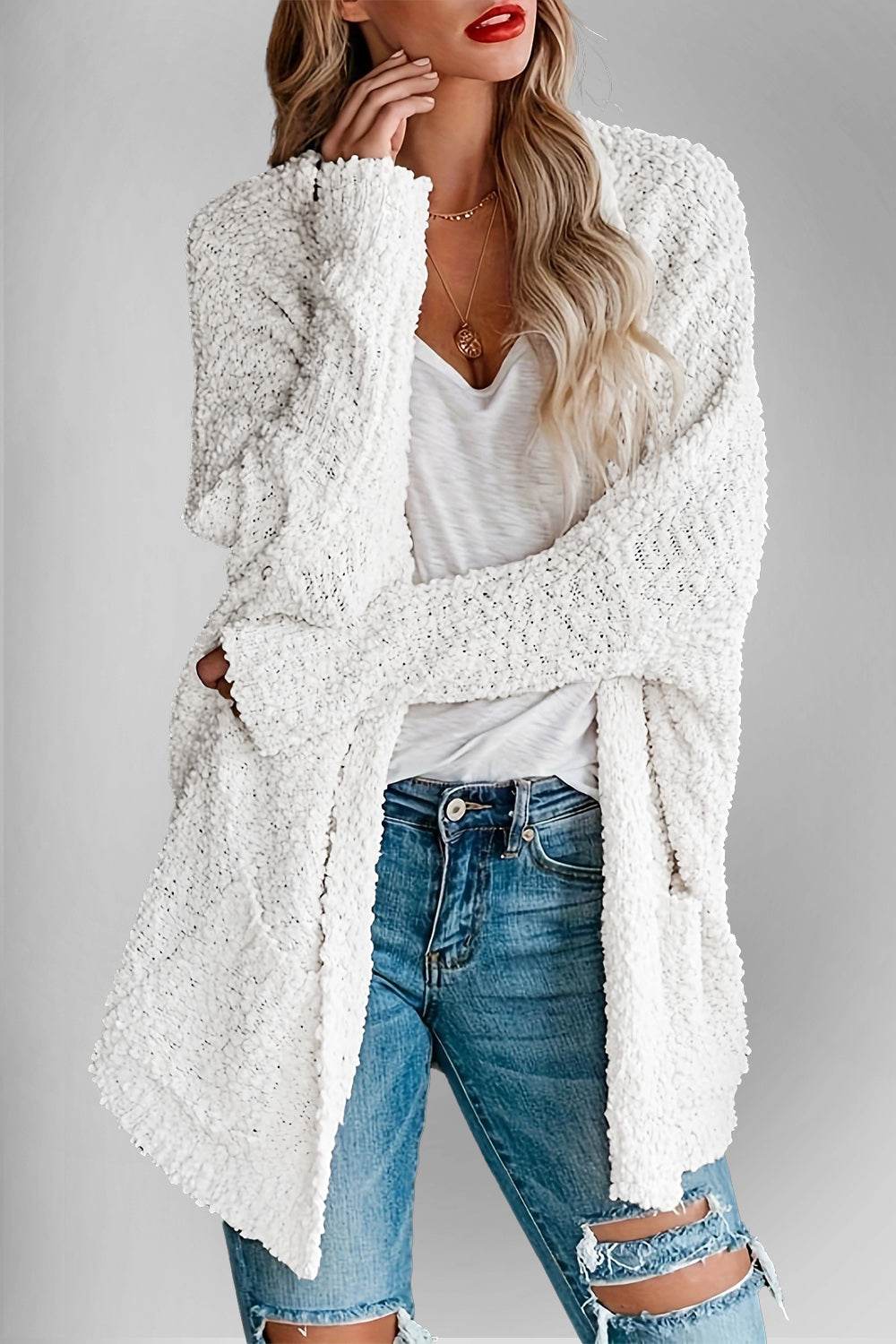 Double Take Pocketed Open Front Long Sleeve Cardigan - Hovatok