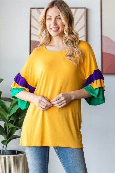 Heimish Full Size Round Neck Color Block Ruffled Half Sleeve Top Plus Size - Hovatok