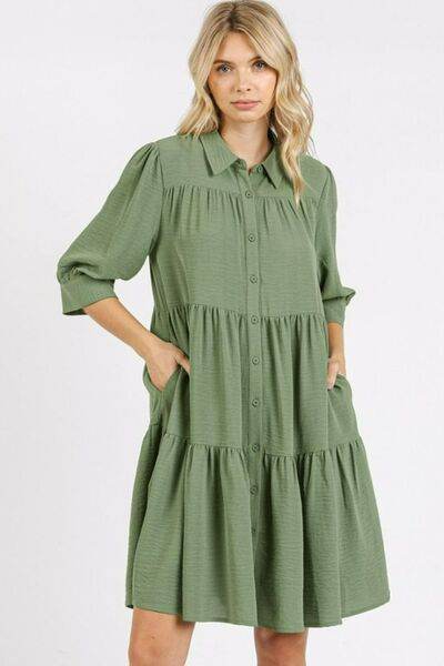 Mittoshop Button Detail Collared Neck Tiered Shirt Dress - Hovatok