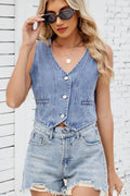 Button Down V-Neck Denim Vest - Hovatok