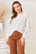 Shiny Eyelet Dropped Shoulder Round Neck Blouse - Hovatok
