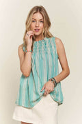 ADORA Contrast Striped Frill Round Neck Sleeveless Top - Hovatok