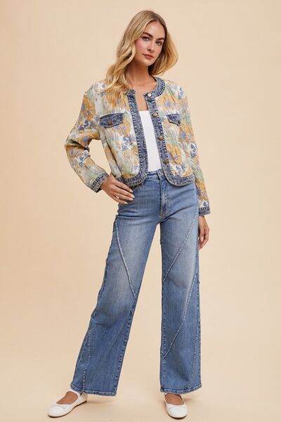 Annie Wear Floral Jacquard Denim Contrast Button Down Jacket - Hovatok