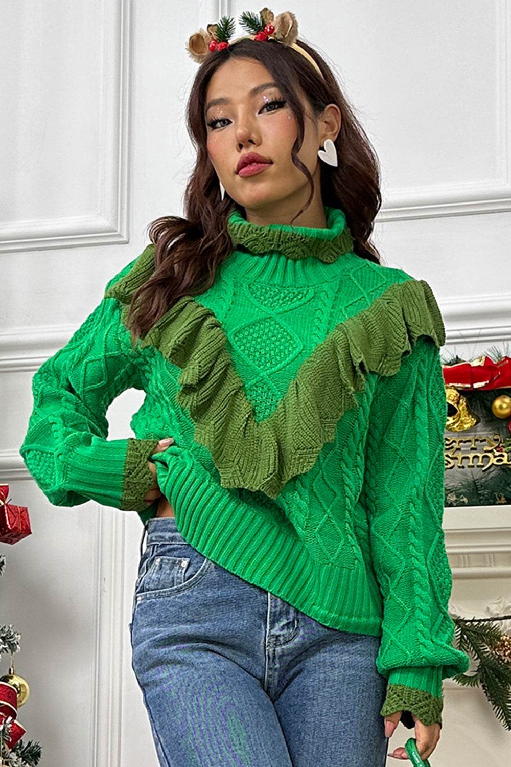 Cable-Knit Ruffled Mock Neck Lantern Sleeve Sweater - Hovatok