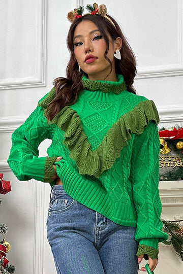 Cable-Knit Ruffled Mock Neck Lantern Sleeve Sweater - Hovatok