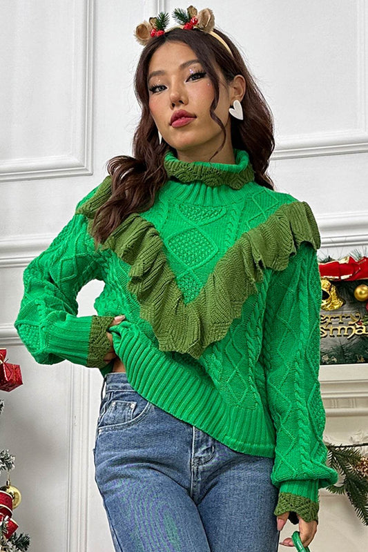 Cable-Knit Ruffled Mock Neck Lantern Sleeve Sweater - Hovatok