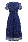 Sequin Leaf Embroidery Tie Front Short Sleeve Dress - Hovatok