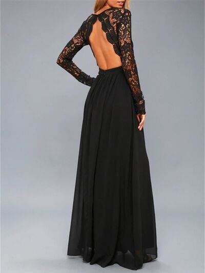 Lace Detail Backless Long Sleeve Maxi Dress - Hovatok