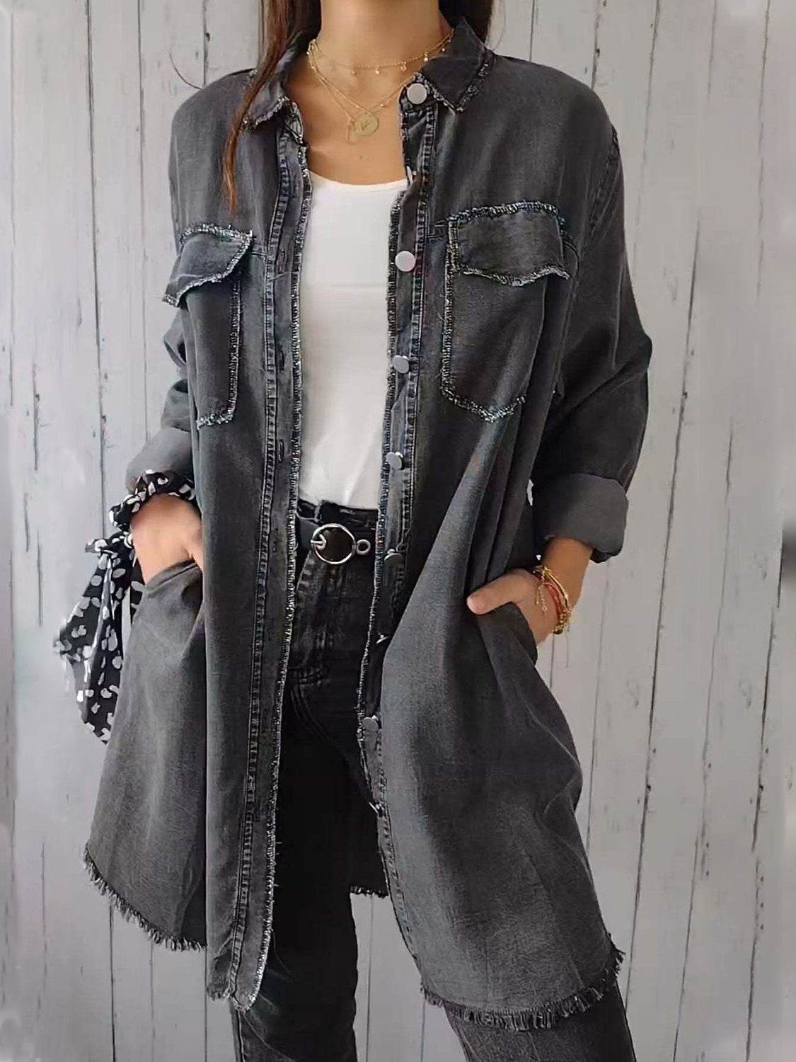 Full Size Raw Hem Button Up Long Sleeve Denim Top Plus Size - Hovatok