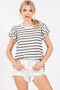 Ces Femme Ruffled Striped Round Neck Short Sleeve Blouse - Hovatok