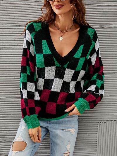 Angel Wings Checkered V-Neck Lantern Sleeve Sweater - Hovatok
