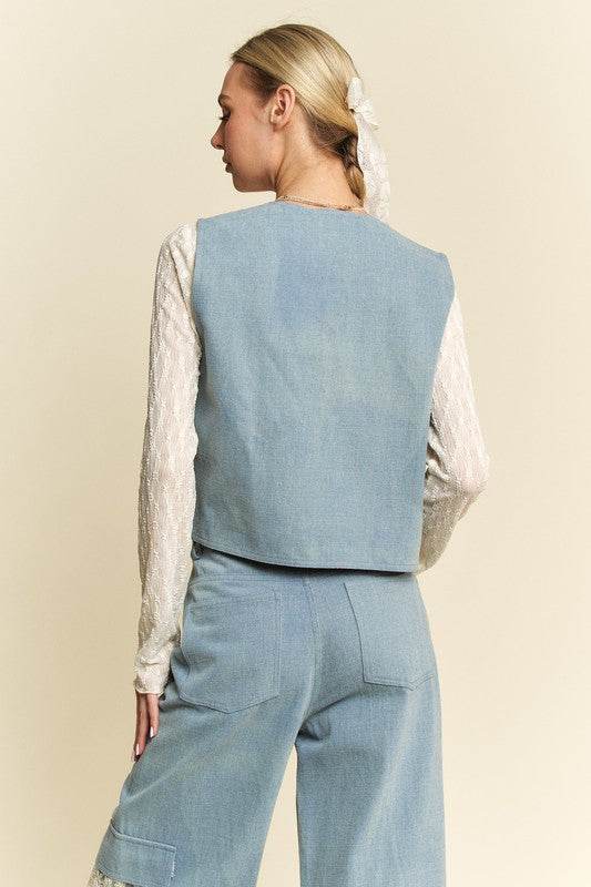 Davi & Dani Lace Patch Open Front Denim Vest - Hovatok
