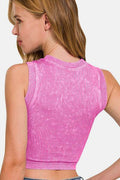 Zenana Washed Ribbed Seamless Crop Tank with Bra Pad - Hovatok