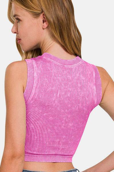 Zenana Washed Ribbed Seamless Crop Tank with Bra Pad - Hovatok