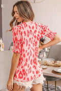 BiBi Leopard Smocked Short Sleeve Blouse - Hovatok